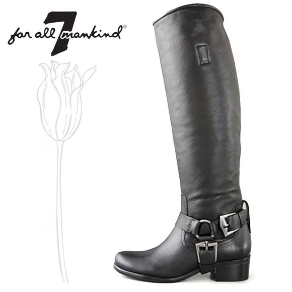7 For All Mankind Shoes - For All Mankind Orion Black Leather Pull On Knee High Biker Boots 7.5